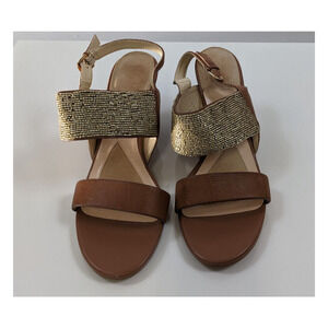 Isola Sandals Brown Leather 8 Matte Gold Beaded Stacked Heel Adjustable Strap